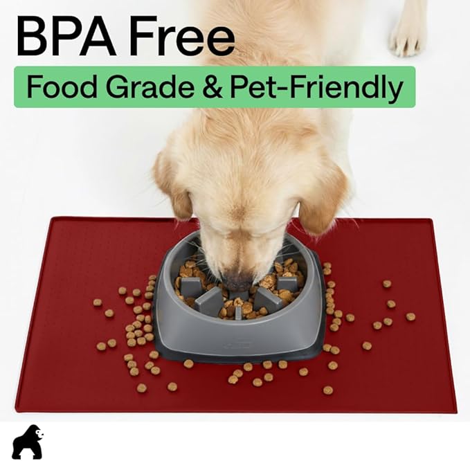 GORILLA GRIP 100% Waterproof Raised Edge BPA Free Silicone Pet Feeding Mat, Dog Cat Food Mats Contain Spills Protects Floors, Placemats for Cats and Dogs Water Bowl, Pets Accessories 23x15 Red
