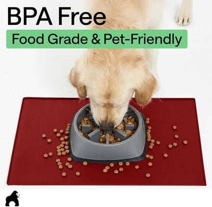 GORILLA GRIP 100% Waterproof Raised Edge BPA Free Silicone Pet Feeding Mat, Dog Cat Food Mats Contain Spills Protects Floors, Placemats for Cats and Dogs Water Bowl, Pets Accessories 23x15 Red