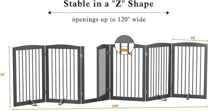 PUPETPO Freestanding Pet Gate with Door, Tall Dog Gate for House, Extra Wide, Pet Puppy Safety Fence, Support Feet Included, 120 Inch Wide, 6 Panels 32" Tall, Gray