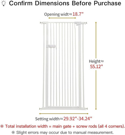 Lumizone Extra Tall Cat Gate 55.12" High Pressure Mounted Extra Wide 2025 New (17 Sizes) 1.37" Gap No Drilling Auto-Close One-Handed Operation Tall Pet Gate for Dogs(White, 55.12" H x 29.92"-34.24" W)