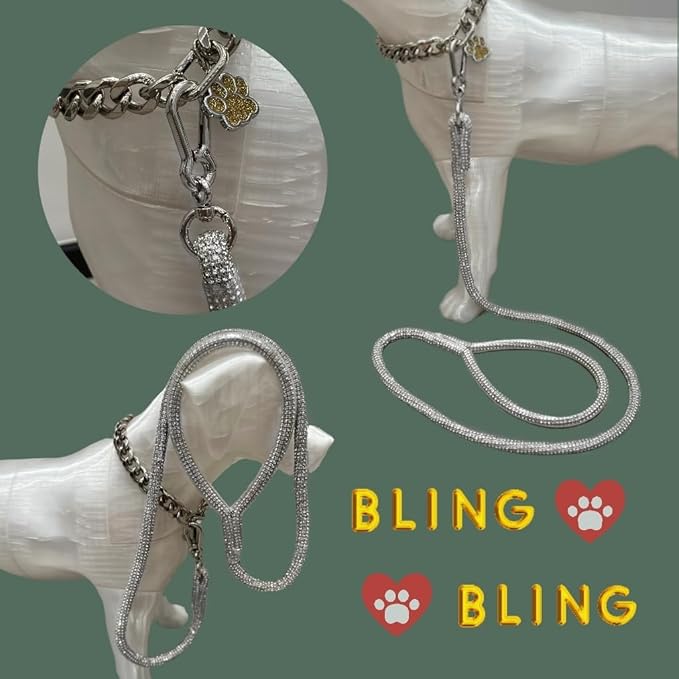 Bling Dog Leashes Full Rhinestone Sparkling Diamond Leashes Pets Leash with Swivel Hook for Collar Wedding Party Daily Walk Small Medium Dog Silver 43 Inch