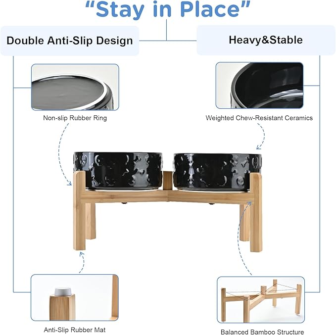 SPUNKYJUNKY Elevated Dog Bowls Ceramic, 7.3'' Dogs Food Water Bowls Raised with Non-Slip Bamboo Stand for Medium to Large Sized Breed Microwave Dishwasher Safe - 42 OZ,Skull Black