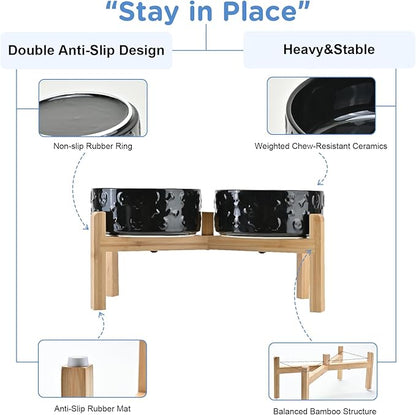 SPUNKYJUNKY Elevated Dog Bowls Ceramic, 7.3'' Dogs Food Water Bowls Raised with Non-Slip Bamboo Stand for Medium to Large Sized Breed Microwave Dishwasher Safe - 42 OZ,Skull Black