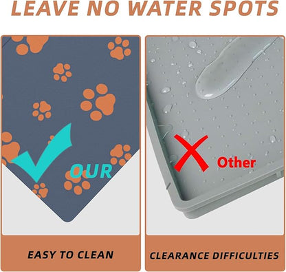 18"×30" Dog Food Mat-Absorbent Dog Mat for Food and Water, No Stains Quick Dry Cat Food Bowl Mat with Footprints for Messy Drinkers,Blue