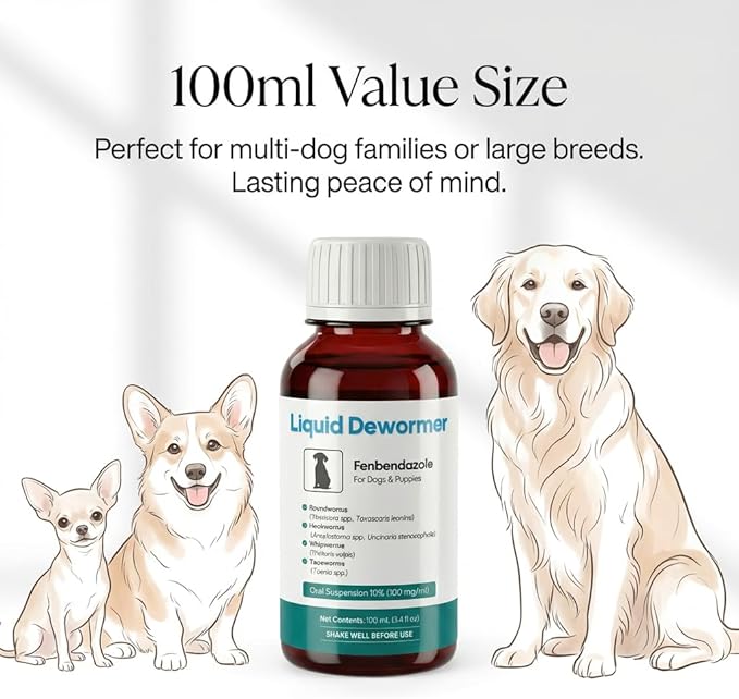 Dewormer for Dogs & Cats Liquid Fenbendazole 10% - Broad Spectrum Suspension - Removes Roundworm, Hookworm, Whipworms, Tapeworm - Easy to Mix with Food, Includes 3ml Dosing Syringe (100ml)