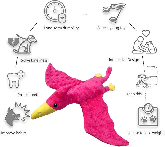 Squeaky Dog Toys Plush Dog Toy with Crinkle Paper Stuffed Durable Dog Chew Toys for Small Middle and Large Dogs Pterodactyl Hot Pink