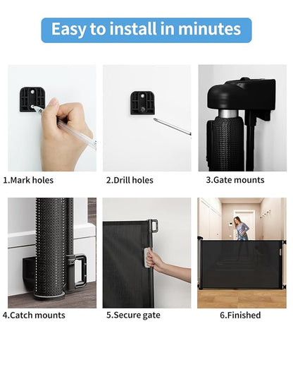 Veraste Retractable Baby Gate for Doorways and Stairs, Mesh Safety Gate for Pet, Indoor & Outdoor Use, One-Hand Operation, Easy Installation, 33.6" Tall, Expands to 55" Wide（Black,33.6"x55"
