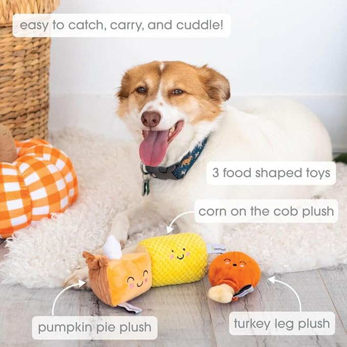 Pearhead Pet Thanksgiving Dinner Dog Toys - Slice of Pumpkin Pie, Turkey Leg, and Corn Cob Plush with Squeakers, Set of 3
