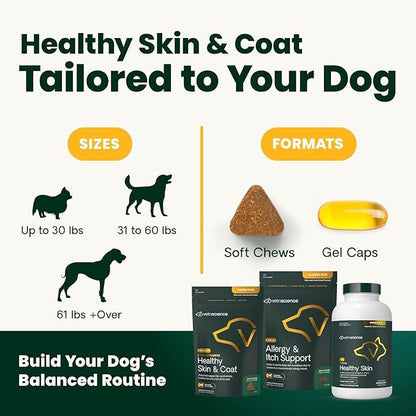 VetriScience Extra Strength Healthy Skin & Coat Chews, Omega Plus Supplement for Dogs, with Balanced Omega 3, 6, 9, Fish Oil and Biotin, Skin Health, Coat Growth and Shine, Duck, 40 Count