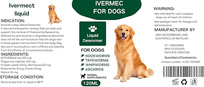 lvermect Dewormer Liquid for Dogs, Broad Spectrum for All Wormer, Pin Worms, Hookworms, Lung Worms, Round Worms