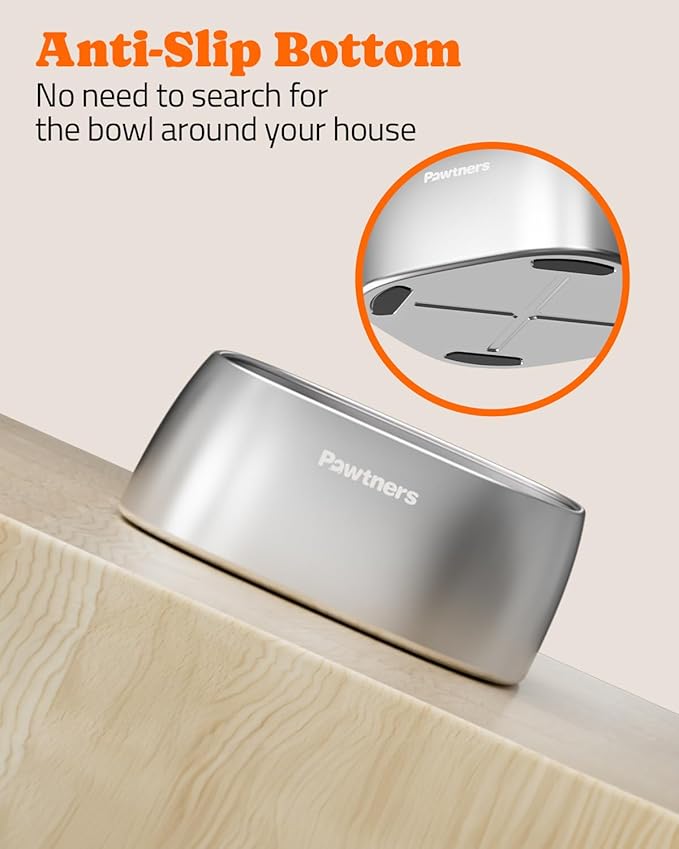 Pawtners 4L Large Stainless Steel Dog Bowls, Dog Water and Food Bowl for Large Breed Dogs with Non-Slip Base, Metal Pet Bowls Easy to Clean, Indoor Outdoor Use, 135oz, Silver