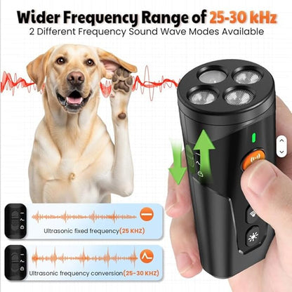 Dog Bark Deterrent Device [2025 Upgrade] – 3-in-1 Ultrasonic Anti Barking Device & Dog Training Aid – Stop Barking Tool with Flashlight & Beep Mode – Portable & Humane 25ft Range (Safe