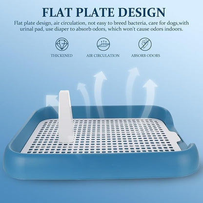 ULTECHNOVO Dog Potty Tray with Wall Post: Indoor Puppy Training Toilet Blue Plastic Mesh Grate, Pee Pad Holder for Male Dogs, Keeps Paws Dry, Portable Pet Litter Box for Apartment