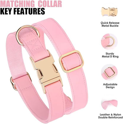 PET ARTIST Soft PU Leather Dog Collar and Leash Set, Bright & Stylish 5FT PU Leather Leash and Collar Set, Durable Pet Collars with Quick Release Metal Buckle for Large Dogs,Pink,L(16-27")