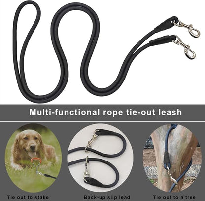 30FT Dog Tie Out Leash, Long Tether 8-10-13-15-20-25-35-40-50-65 FT Nylon Rope Check Cord for Medium Large Dogs Indoor/Outdoor Playing Camping Backyard (Black, 3/8")