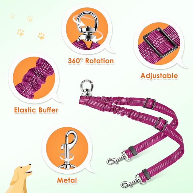 AUTOWT Double Dog Leash, No Tangle 360°Swivel Rotation Reflective Lead Attachment Adjustable Length Dual Two Dogs Lead Splitter, Comfortable Shock Absorbing Walking Training for 2 Dogs