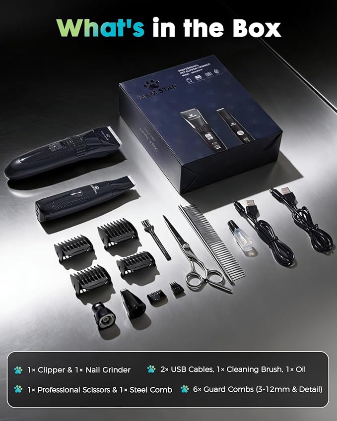 M&M STAR Dog Grooming Kit, Quiet Dog Clippers for Grooming Heavy Thick Coats, Cordless Pet Hair Trimmer & Shaver with Paw Trimmer, Low Noise Rechargeable Clippers for Small Large Dogs Cats