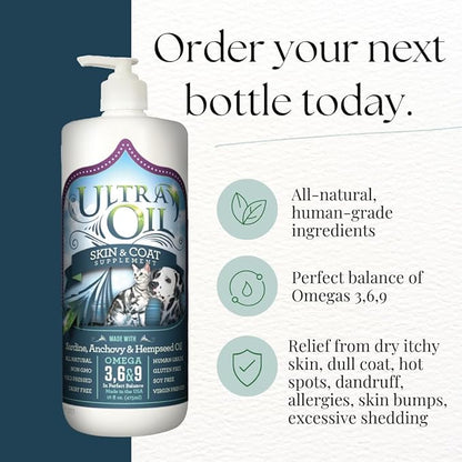 Ultra Oil Skin and Coat Supplement for Dogs & Cats - Hemp Seed Oil, Flaxseed Oil, Grape Seed Oil, Fish Oil for Relief from Dry Itchy Skin, Dandruff, and Allergies (8oz)