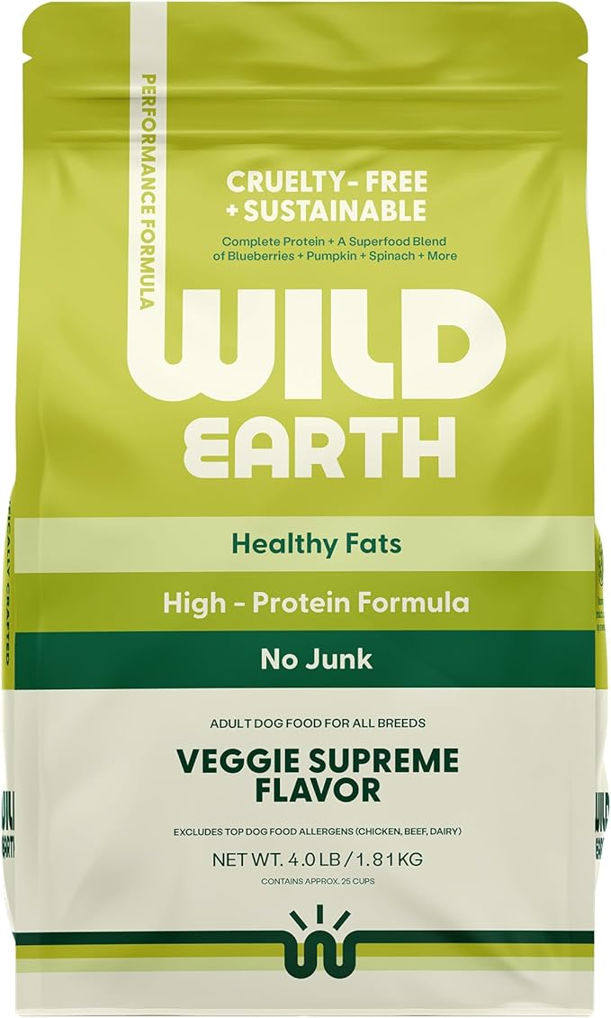 Wild Earth Vegan Dry Dog Food Performance Formula | Plant-Based Vegetarian Kibble | Wheat-Free, Allergen-Free, Veterinarian-Developed | Veggie Supreme Flavor, 4lb Bag