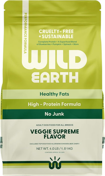Wild Earth Vegan Dry Dog Food Performance Formula | Plant-Based Vegetarian Kibble | Wheat-Free, Allergen-Free, Veterinarian-Developed | Veggie Supreme Flavor, 4lb Bag