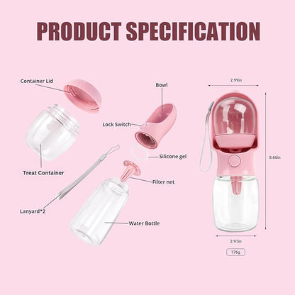 2-in-1 Dog Water Bottle with Food Container - 10oz Leak-Proof Travel Water Dispenser, Travel Water Bowl for Cats, Dogs, and Puppies - Essential for Walks, Hikes, and Travel (Pink)