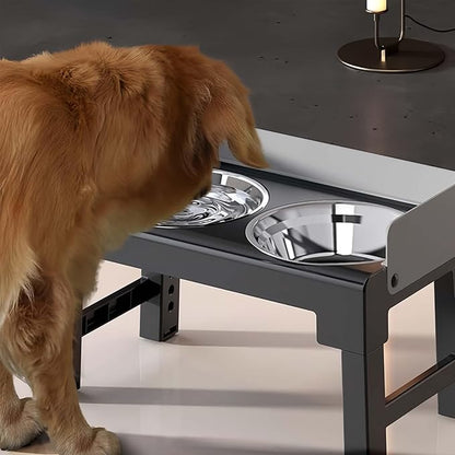 Marchul Elevated Dog Bowls, Raised Dog Food Water Bowl with 2 Thick Stainless Steel Bowls, 6 Height Adjustable, Non-Slip Stand, Spill-Proof for Medium Large Dogs (with Fence)