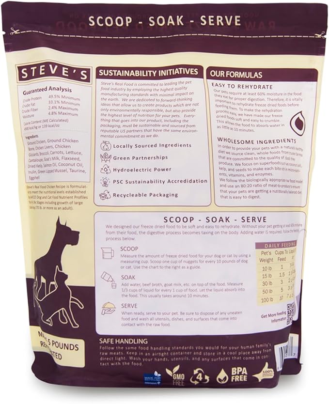 Steve's Real Food Freeze-Dried Raw Food Diet for Dogs and Cats, 2-Pack, Chicken Recipe, 1.25 lbs in Each Bag, Made in The USA, Pour and Serve Nuggets, Vegetarian Fed & Free Range