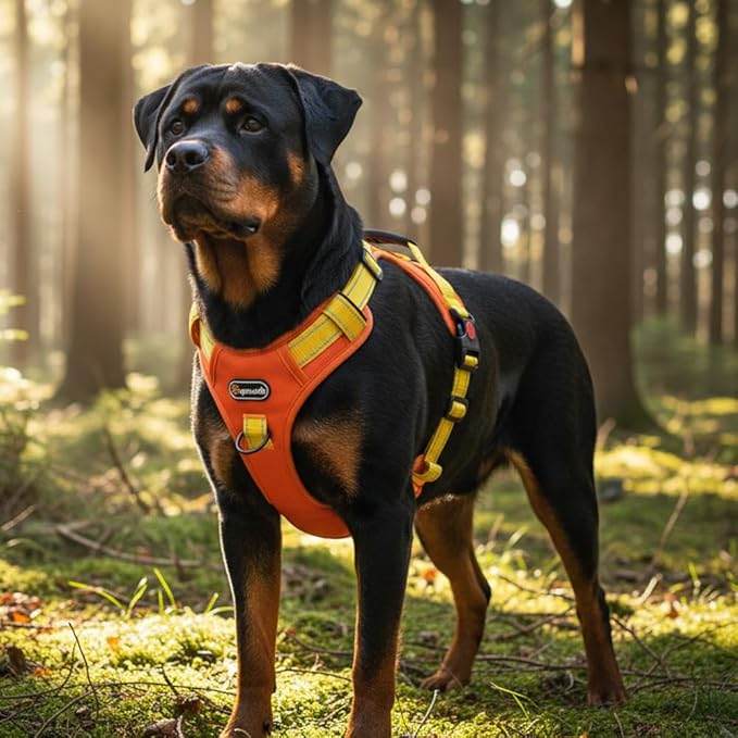 Tactical Dog Harness for Large Medium Dogs No Pull Adjustable Pet Vest with Reflective Straps Front & Back Clips Handle for Hiking Walking Hunting– 4 Sizes with or Without Leash (Orange, XL)