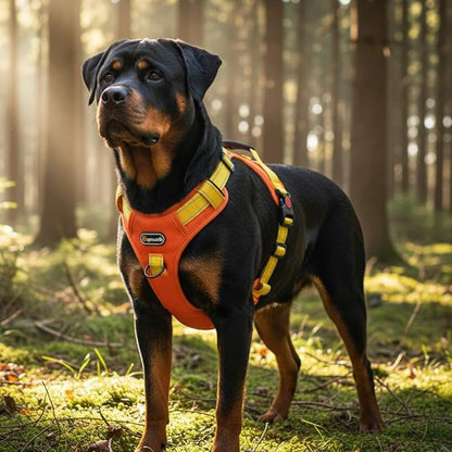 Tactical Dog Harness for Large Medium Dogs No Pull Adjustable Pet Vest with Reflective Straps Front & Back Clips Handle for Hiking Walking Hunting– 4 Sizes with or Without Leash (Orange, XL)