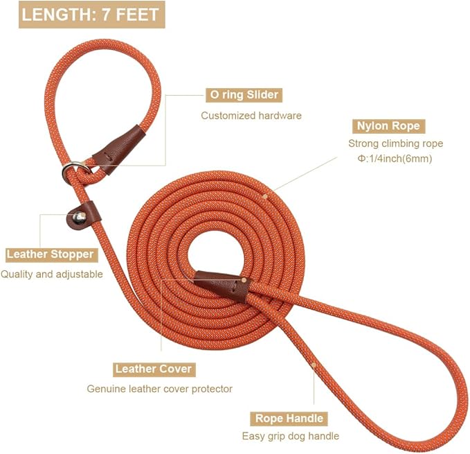 BTINESFUL 7ft Slip Lead Dog Leash, 1/4" Dog Training Leash for Small Medium Dogs, 14+ Colors, Nylon Rope No-Pull Lead