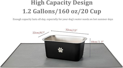 1.2 Gallons 20 Cup Non Slip Stainless Steel Large Dog Water Bowls, Outdoor Metal Dog Bowls Large Breed, High Capacity Water Bowl for Big Giant Huge Dogs, Black