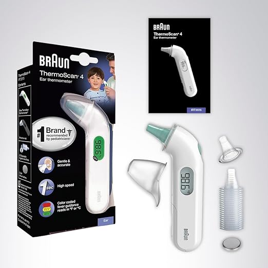 Braun ThermoScan 4 Digital Ear Thermometer for Kids and Adults, Professional Accuracy, Color Coded and Audio Fever Guidance for Babies, Toddlers