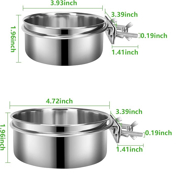 2 Pcs Small Dog Food Water Bowl for Cage with Upgraded Clamp Holder, Pet Kennel Hanging Bowls Stainless Steel Detectable Bowls Crate Feeder Dish for Small Dogs (4.7x2'' & 3.9x2'')