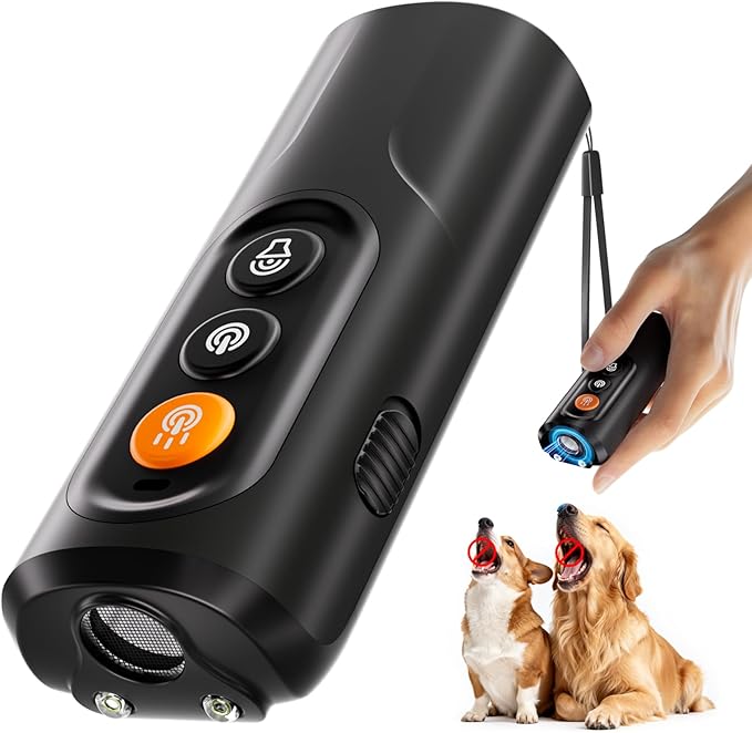 Dog Bark Deterrent Device & Anti Barking Device for Dogs, 50FT Ultrasonic Dog Trainer - Silent to Humans, Safe, Humane, Long-Lasting Rechargeable Black Handheld with LED, Indoor/Outdoor