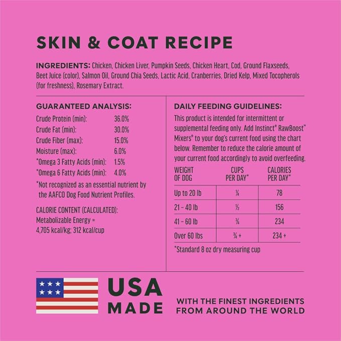 Instinct RawBoost Functional Mixers, Freeze Dried Dog Food Topper, Grain-Free, Real Chicken - Skin & Coat Health, 5.5 oz. Bag