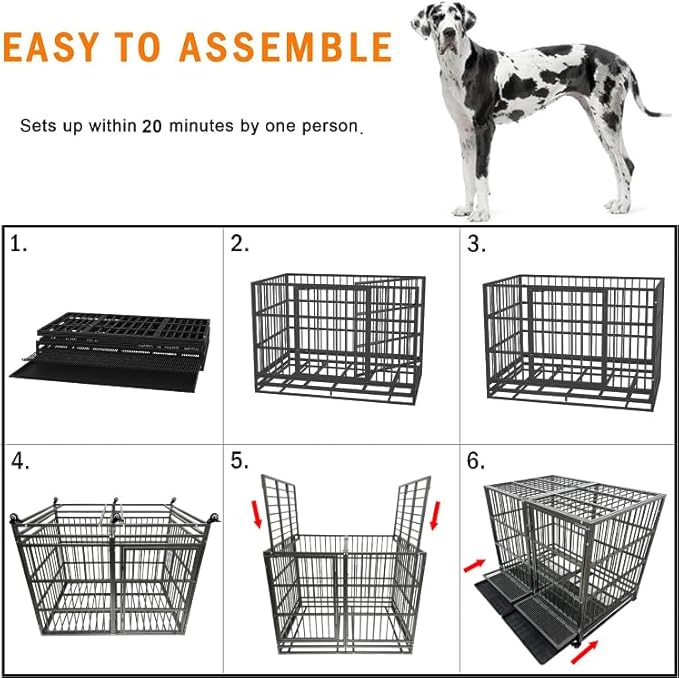 BOLDBONE 54 inch Heavy Duty Indestructible and Escape-Proof Dog Crate Cage Kennel for Large Dogs, High Anxiety Dog Crate with Removable Wire Trays and Wheels, Extra Large XL XXL, Black