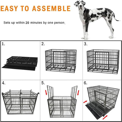 BOLDBONE 54 inch Heavy Duty Indestructible and Escape-Proof Dog Crate Cage Kennel for Large Dogs, High Anxiety Dog Crate with Removable Wire Trays and Wheels, Extra Large XL XXL, Black