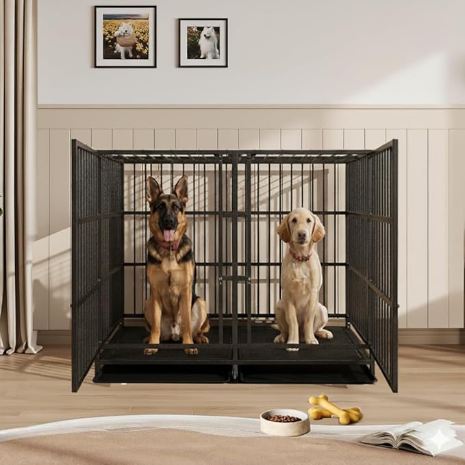 BOLDBONE 54 inch Heavy Duty Indestructible and Escape-Proof Dog Crate Cage Kennel with Divider for 2 Large Dogs, High Anxiety Dog Crate with Removable Wires Trays and Wheels, Extra Large XL XXL