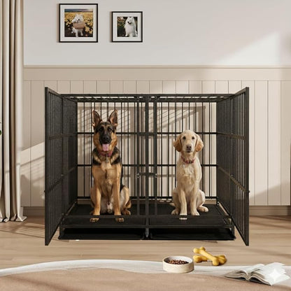 BOLDBONE 54 inch Heavy Duty Indestructible and Escape-Proof Dog Crate Cage Kennel with Divider for 2 Large Dogs, High Anxiety Dog Crate with Removable Wires Trays and Wheels, Extra Large XL XXL