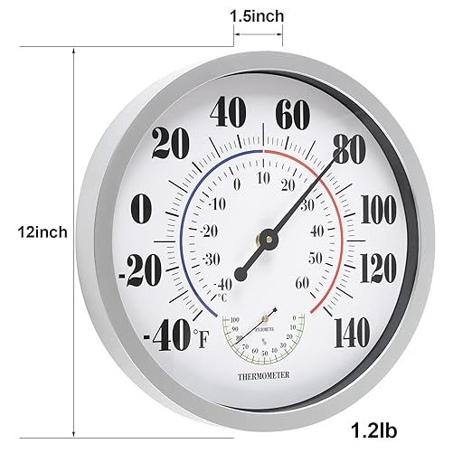 Indoor Outdoor Thermometer Wall Large Numbers Thermometer No Battery 12" Hanging Digital Weather Hygrometers for Home Garden Outside Patio Decor (Silver)