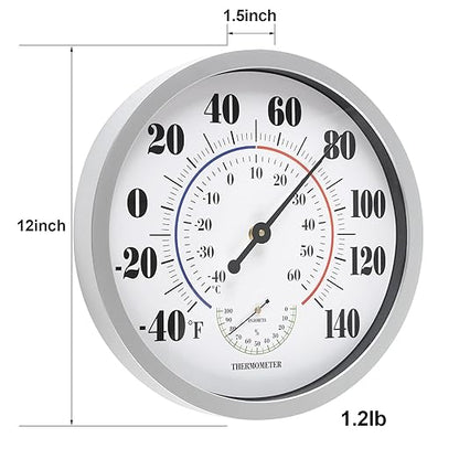 Indoor Outdoor Thermometer Wall Large Numbers Thermometer No Battery 12" Hanging Digital Weather Hygrometers for Home Garden Outside Patio Decor (Silver)