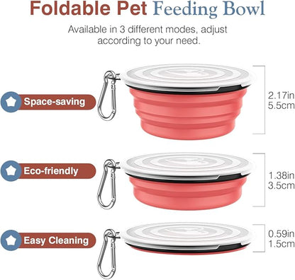 Pawaboo Collapsible Dog Bowls 2 Pack, Silicone Feeding Watering Bowls with Lids & Carabiners for Dogs Cats, Portable Water Feeder Food Bowl for Walking Traveling Home Use, Light Pink + Blue