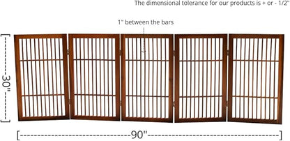 Urnporium Pet Dog Gate Freestanding, Strong Durable Folding Wooden Fence, Portable Acacia Hardwood Safety Barrier for Indoor & Outdoor Use (Brown Pet Gate, 5 Panel 30" Tall)
