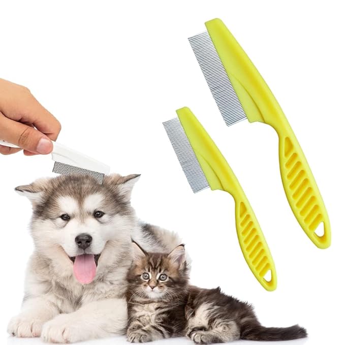 2 Pack Multifunctional Pet Comb, Upgrade Pet Grooming Brush Fine Magic Tear Stain Removal, Fine-Tooth Stainless Massage Comb Kit for Small Puppies and Dogs (Yellow)