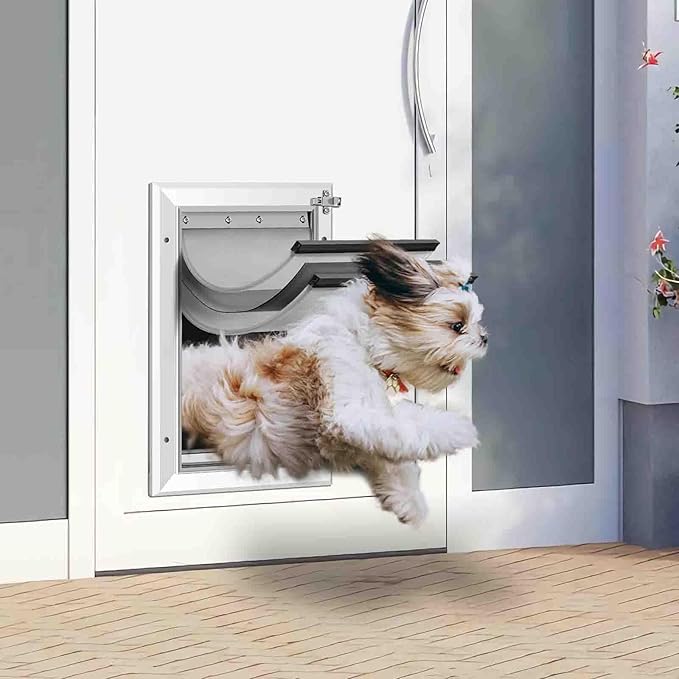 [Petoasis] 3-Flaps Dog Door for Wall, Rust Proof Aluminum Alloy Frame, Extreme Weather Dog Door Can Block Wind, Snow, and Rainwater Intrusion (Silvery White, Meduim for Wall)