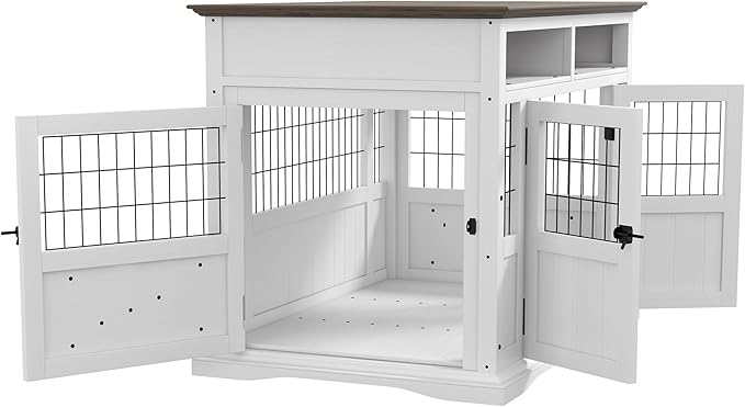 PawHut Dog Crate Furniture Side End Table with Storage, 41" Modern Wooden Dog Kennel Furniture with Double Doors for Small and Medium Dogs, White