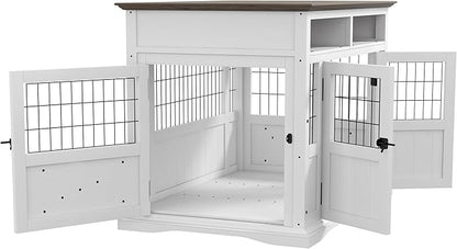 PawHut Dog Crate Furniture Side End Table with Storage, 41" Modern Wooden Dog Kennel Furniture with Double Doors for Small and Medium Dogs, White