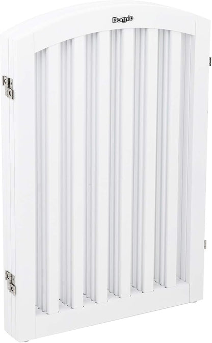 Bonnlo 30” Tall Free Standing Dog Gate for Doorways, 4 Panel Folding Pet Gates for The House Extra Wide, Indoor Dog Fence Wooden Gate for Puppy | Up to 83” Wide | White | 4 Foot Supporters
