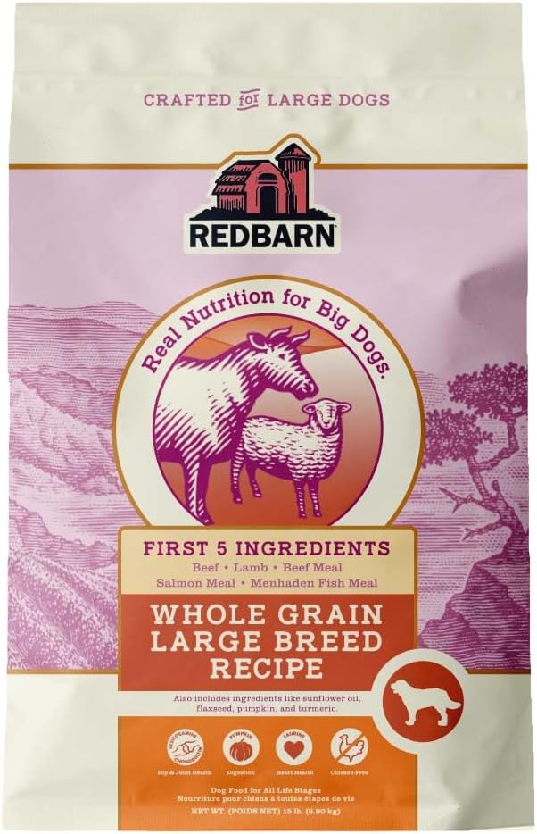 Redbarn Whole Grain Large Breed Dog Food Kibble - Beef & Lamb Recipe - Made in USA No Chicken Recipe with Functional Ingredients to Support Healthy Heart, Joints, Digestion, Skin & Coat - 15lb