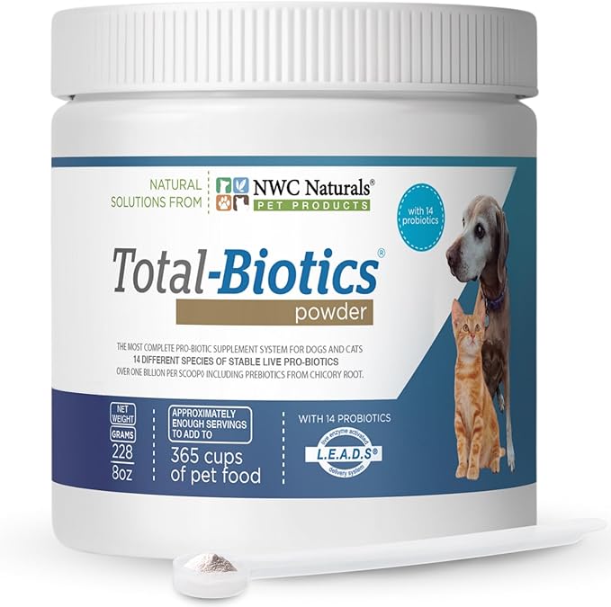 NWC Naturals Total-Biotics, Cat & Dog Probiotics for Digestive Health with Prebiotic, Unflavored Probiotic for Dogs & Cats, Supplement for Gut, Skin, Coat, Upset Stomach Relief, 365 Servings, 8 Ounces